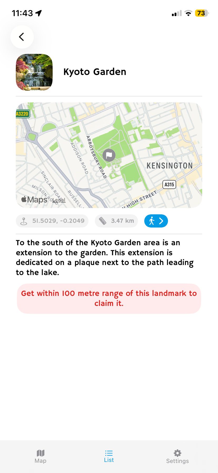 London 101 map screen with all landmarks